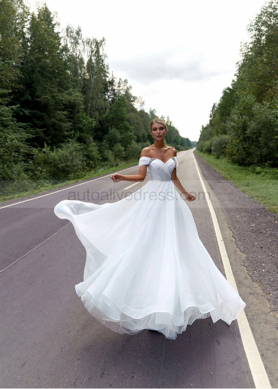 Off Shoulder Beaded White Organza Pleated Modern Wedding Dress